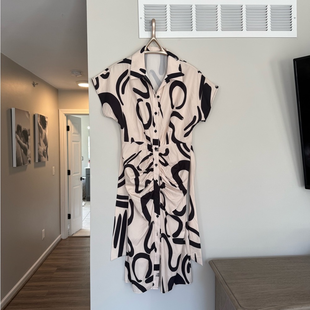 Black and Pink Wrap Midi Dress with Notched Collar